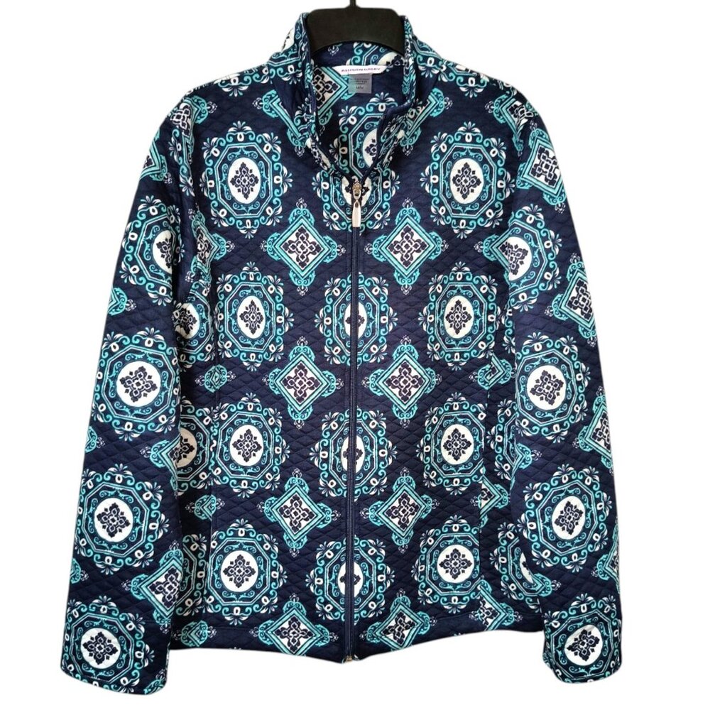Allison Daley Quilted Zip Front Jacket Blue Print Women's Size Medium